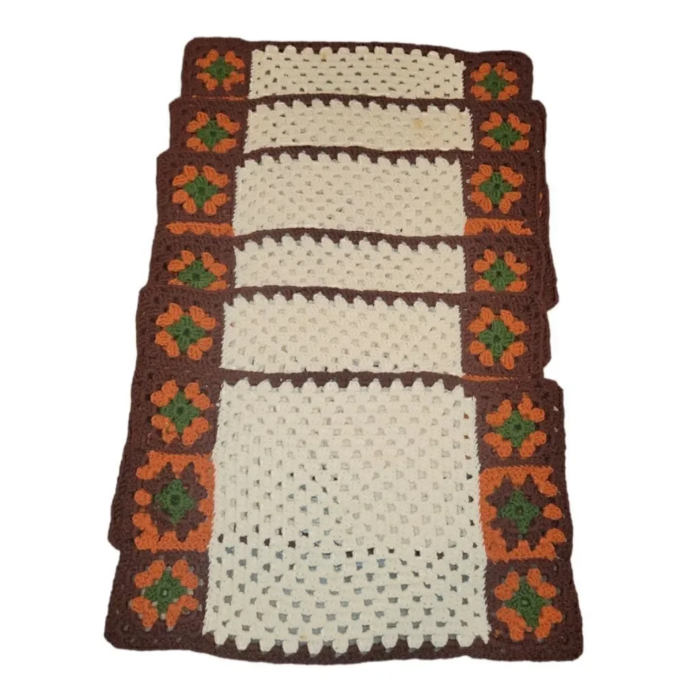 6 Vintage Granny Square Knitted Crochet Place Mats 1970s